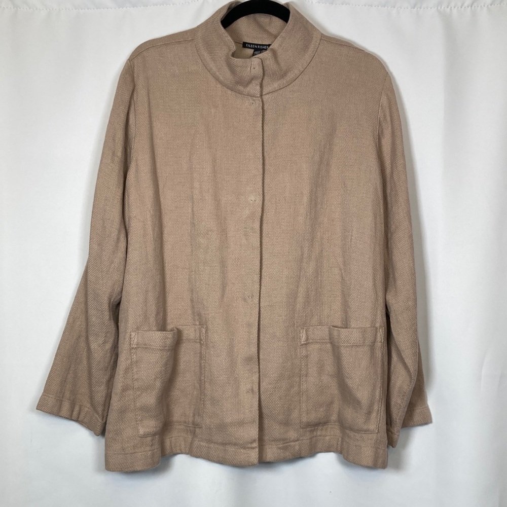Eileen Fisher Wheat Stand Collar Utility Jacket Sz L Organic Blend Lagenlook